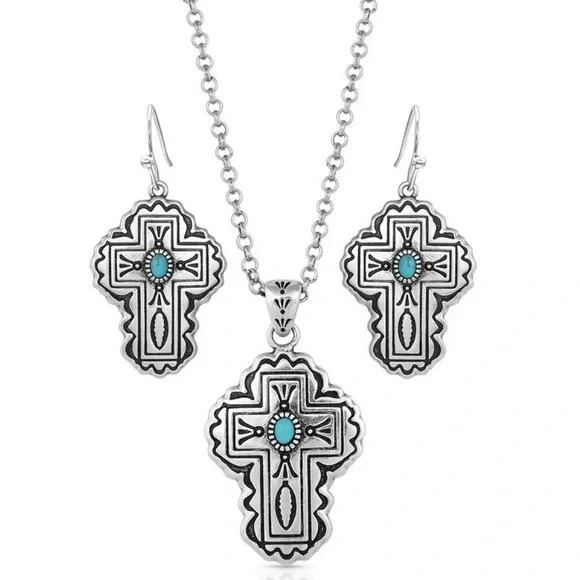 NEW Montana Silversmiths Cathedral Turquoise Silver Cross Set Western Cross - Picture 1 of 6